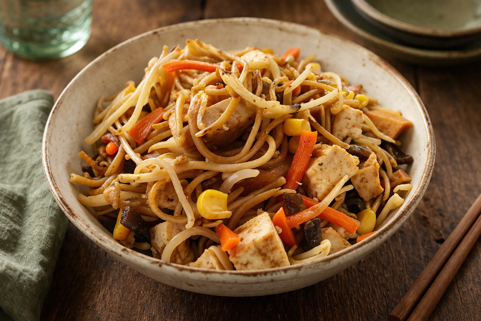 Noodles saltejats amb tofu, verdures i soja